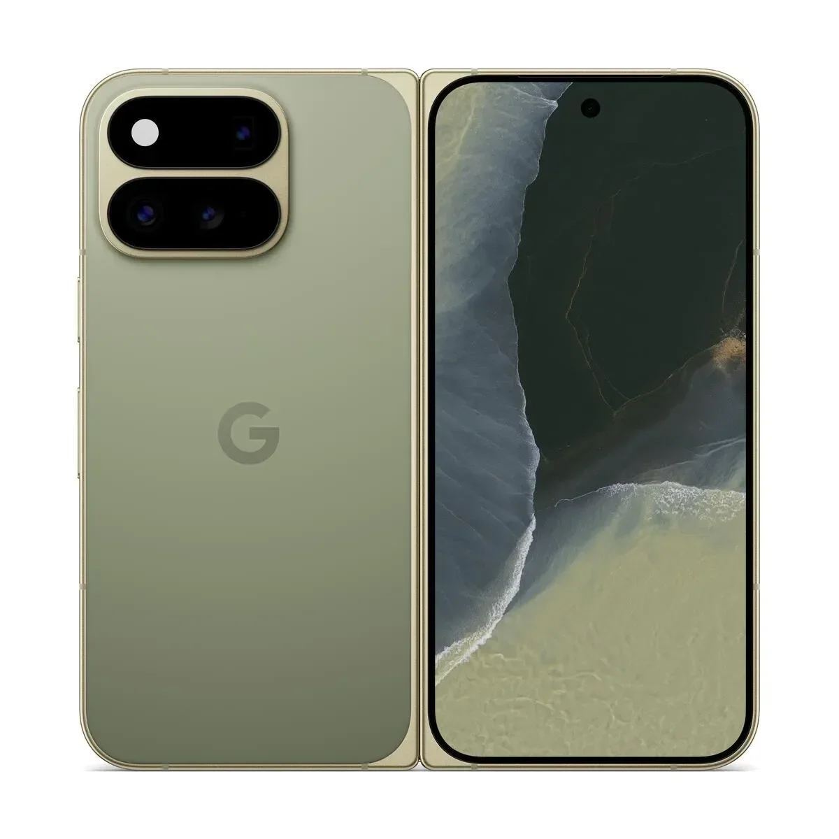 Pixel 11 Pro Fold: frente e traseira do aparelho em acabamento verde.