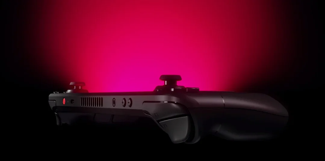 Steam Deck OLED: detalhe do portátil sob iluminação vermelha.