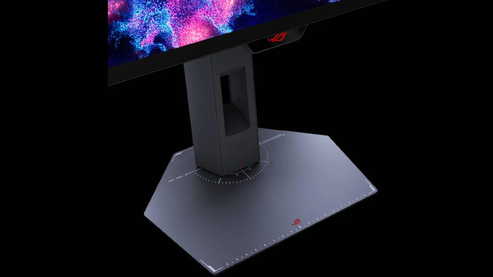 Monitores OLED ROG: detalhe da base e do suporte.