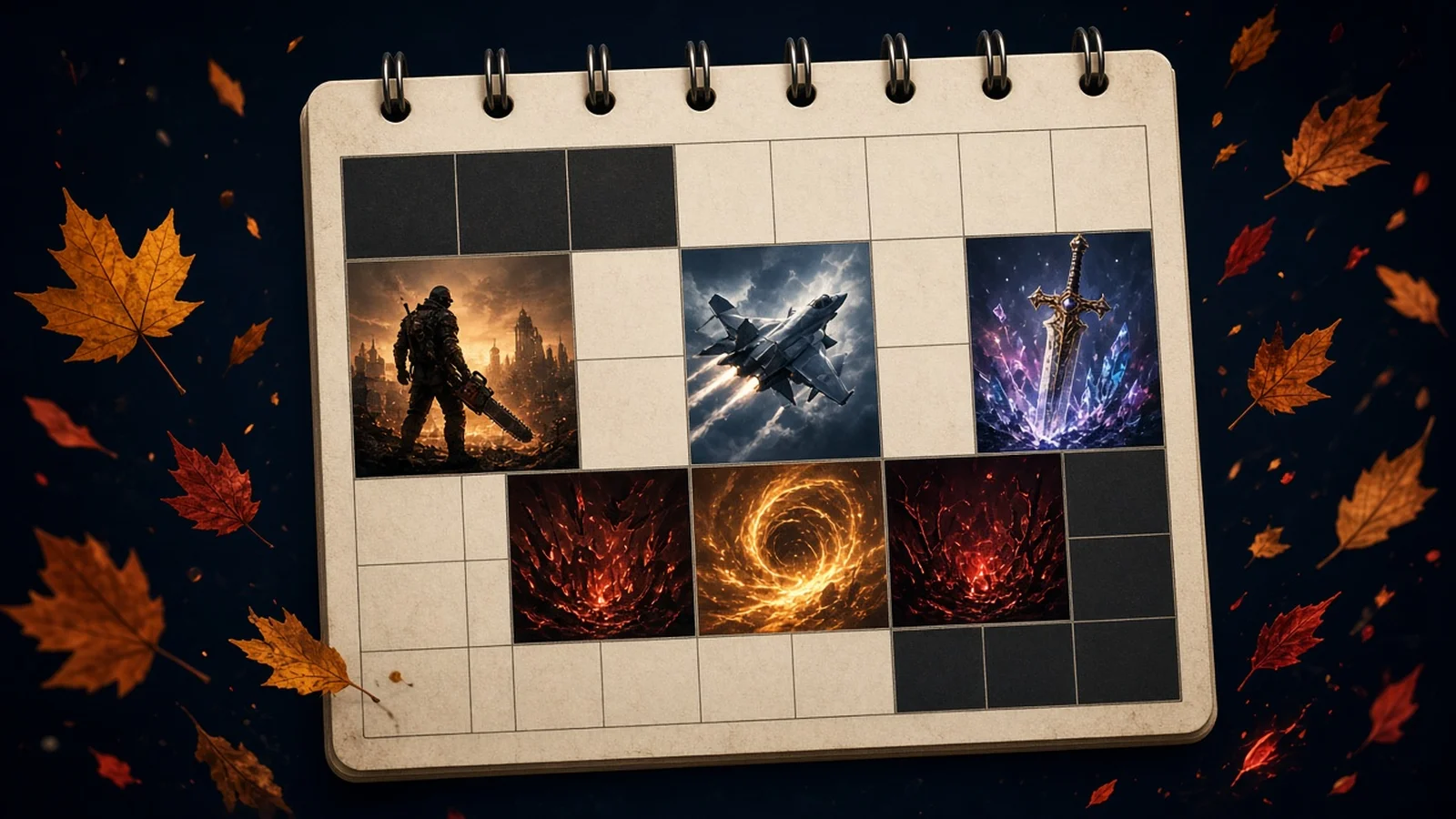 An October calendar with frames of a soldier in a ruined city, a fighter jet between clouds and a crystal sword, surrounded by autumn leaves