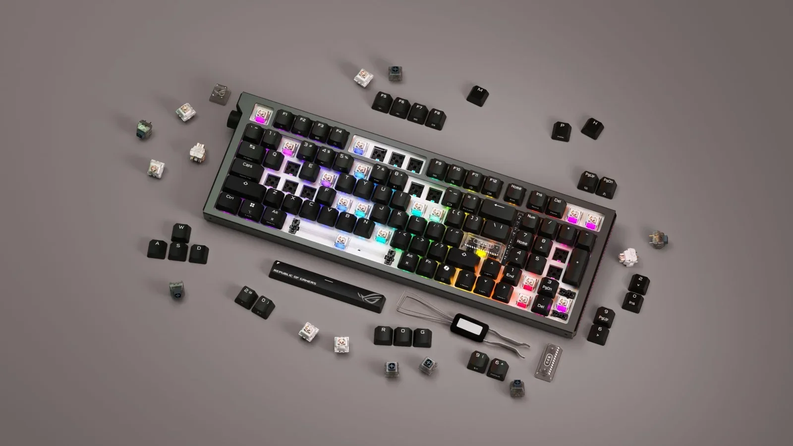 ROG Strix Morph 96: teclado com teclas e switches removidos.