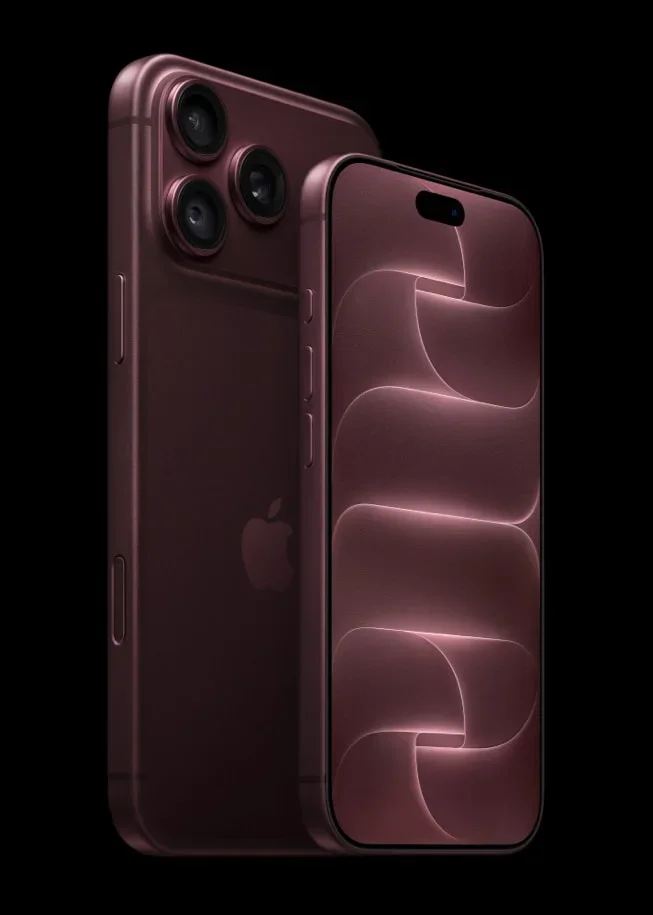 iPhone 18 Pro: frente e traseira dos aparelhos em acabamento bordô.