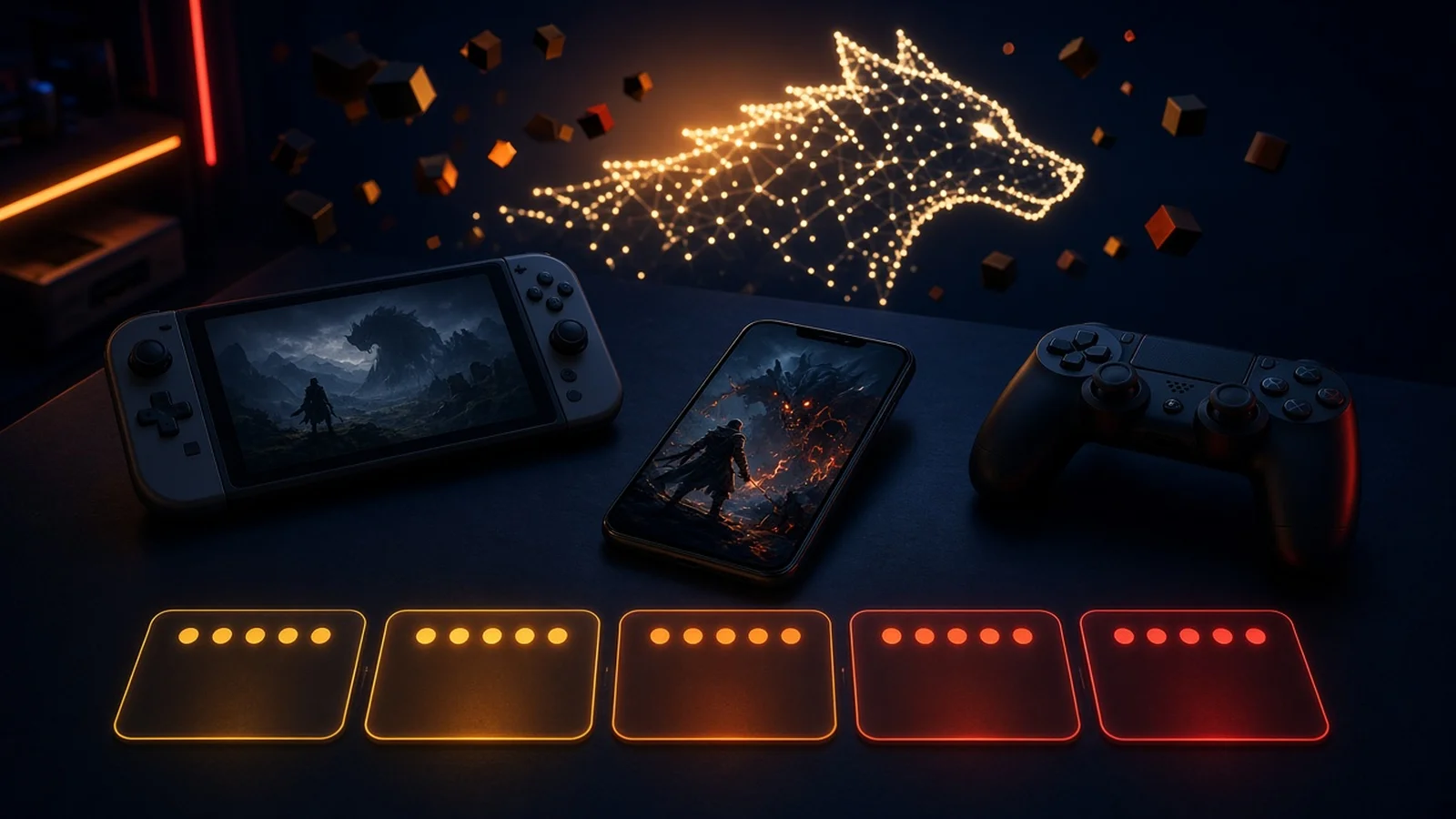 A gamer desk at night with a handheld, a phone and a controller, floating cubes and a wolf of light, and five amber and red blocks for the days of the week