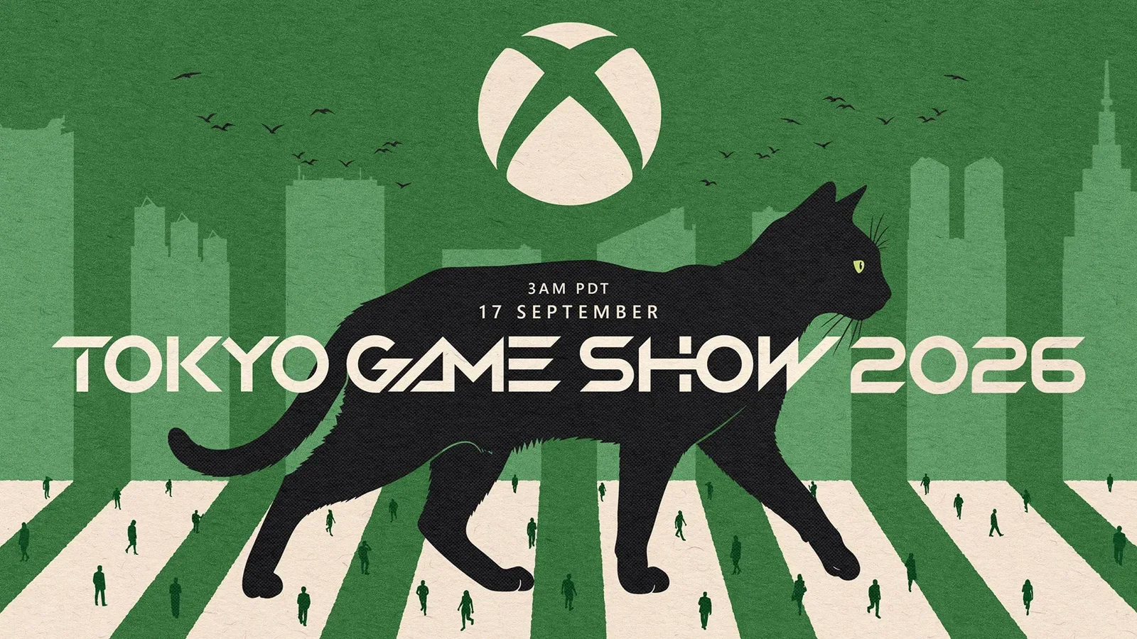 Xbox na Tokyo Game Show 2026: cartaz verde com gato preto estilizado.