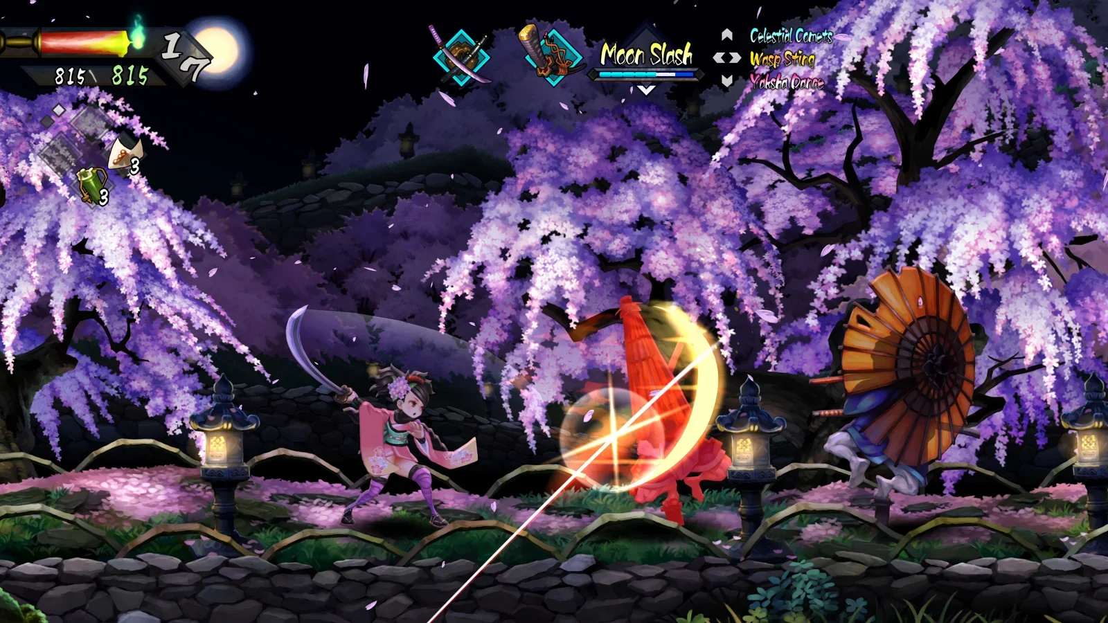 Muramasa: Revenant Blades: combate em pixel art sob árvores floridas.